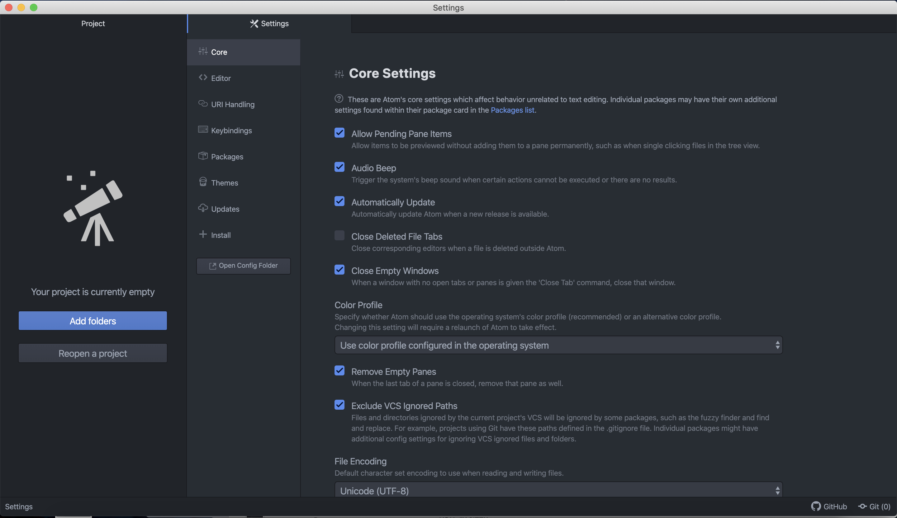 Screenshot of Atom core settings