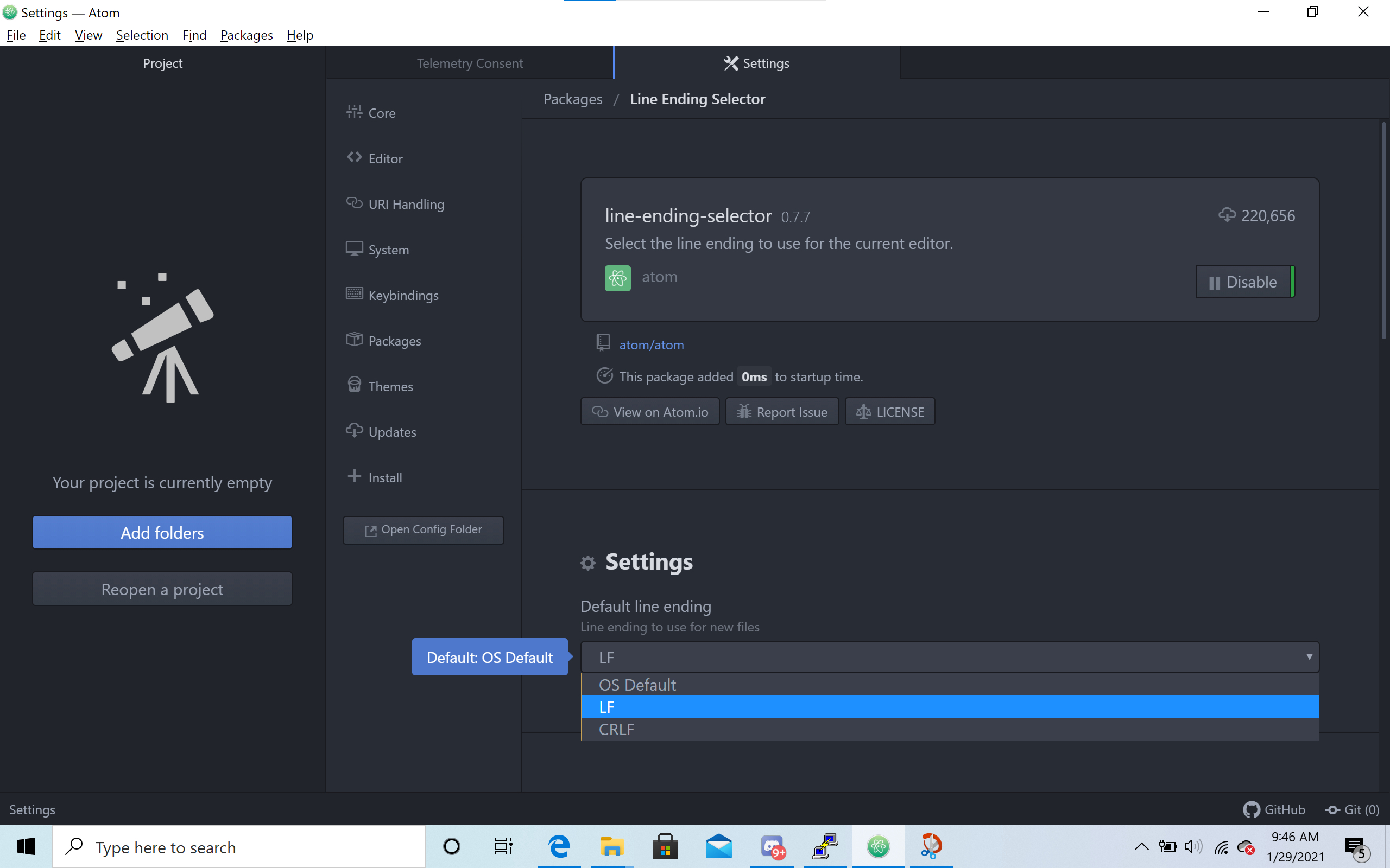 Screenshot of Atom LineEnding Setting