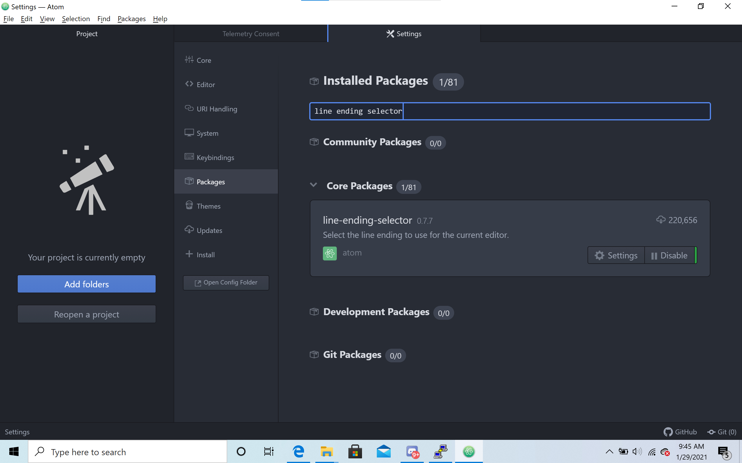 Screenshot of Atom LineEnding Setting